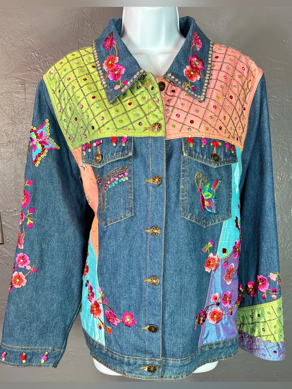 Vintage Berek by Takako Sakon Embellished Denim Jacket Size XXL